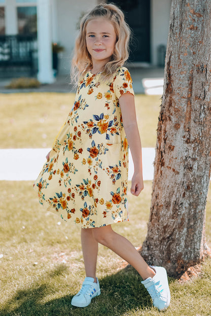 Dress - Girls Floral Round Neck Short Sleeve Dress With Pockets