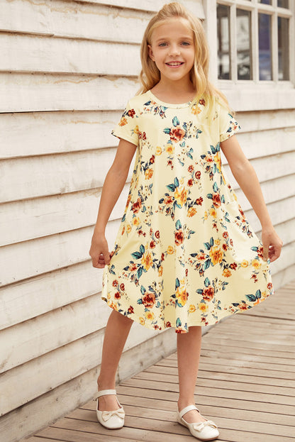 Dress - Girls Floral Round Neck Short Sleeve Dress With Pockets