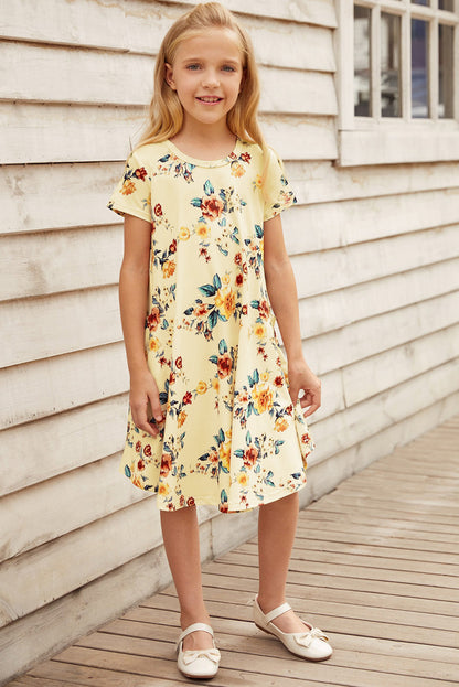 Dress - Girls Floral Round Neck Short Sleeve Dress With Pockets