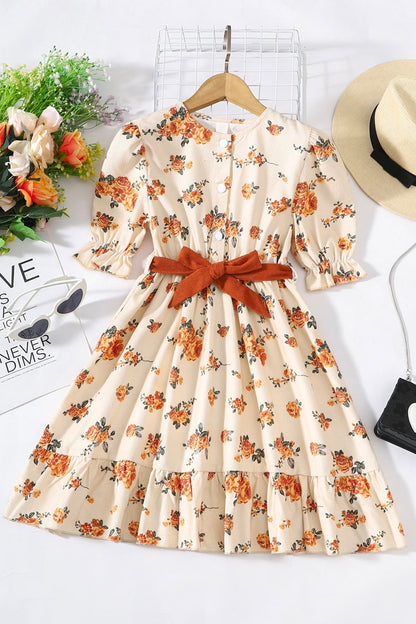 Dress - Girls Floral Tied Puff Sleeve Dress