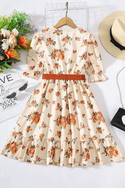 Dress - Girls Floral Tied Puff Sleeve Dress