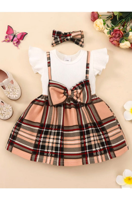 Dress - Girls Plaid Bow Detail Ribbed Dress