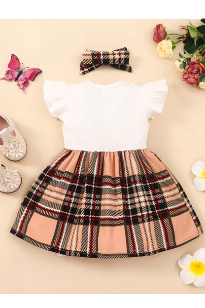 Dress - Girls Plaid Bow Detail Ribbed Dress