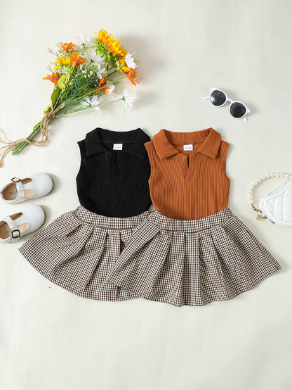 Dress - Girls Ribbed Sleeveless Top And Plaid Skirt Set