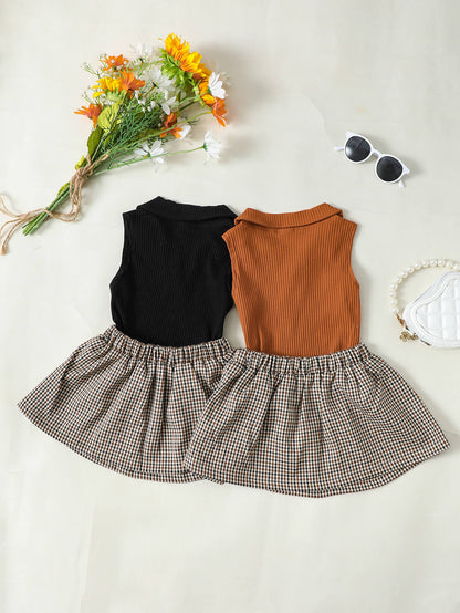 Dress - Girls Ribbed Sleeveless Top And Plaid Skirt Set