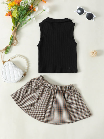 Dress - Girls Ribbed Sleeveless Top And Plaid Skirt Set