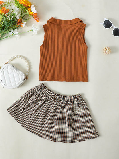 Dress - Girls Ribbed Sleeveless Top And Plaid Skirt Set