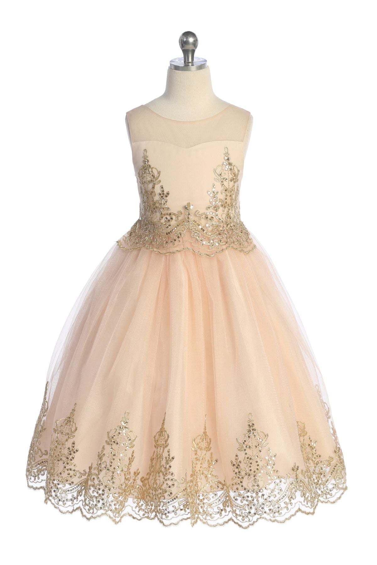 Embellished Gold Cording Embroidered Girls Dress 12 / Blush Embellished Gold Cording Embroidered Girls Dress 12 / Blush