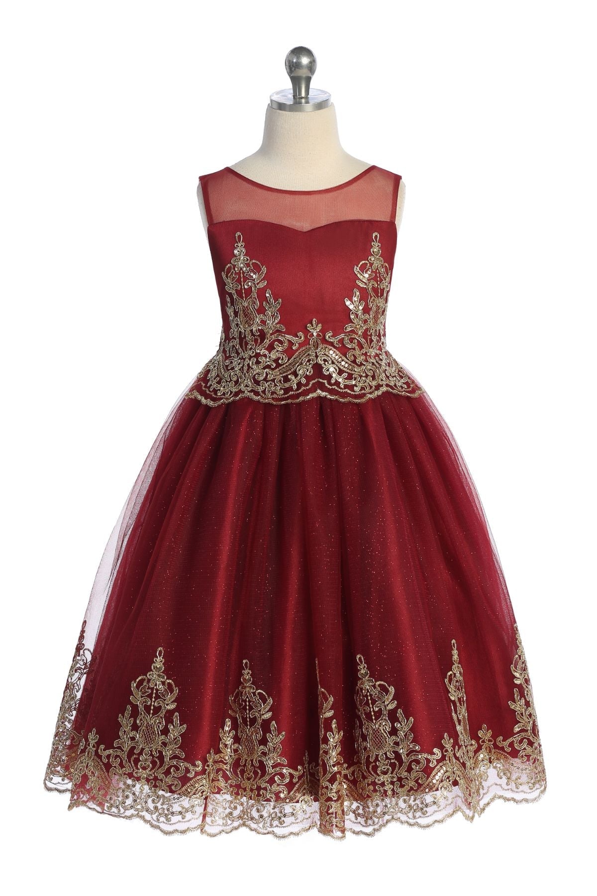 Embellished Gold Cording Embroidered Girls Dress 8 / Burgundy Embellished Gold Cording Embroidered Girls Dress 8 / Burgundy