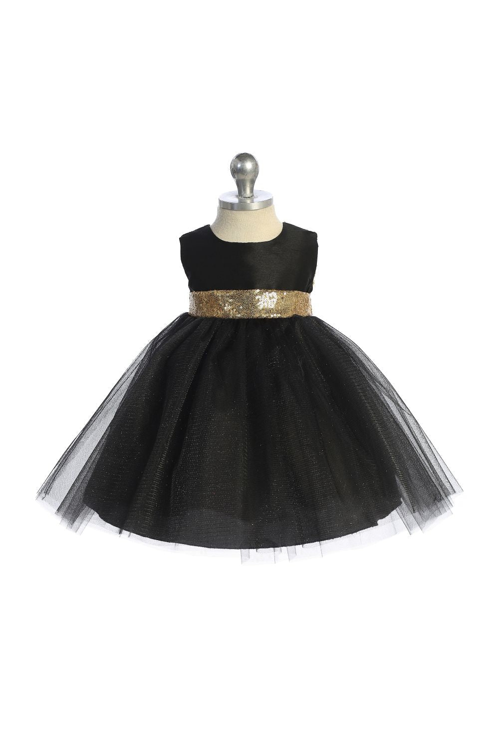 Kids Dream 498 Black Dupioni Tulle Dress w/ Gold Sequins V-Back &Bow - Size: 20.5 | Pink Princess