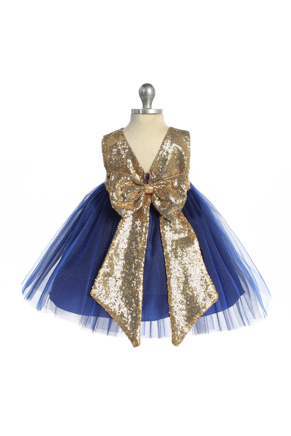 Gold Sequins V Back & Bow Baby Dress S-6M / Royal Blue Gold Sequins V Back & Bow Baby Dress S-6M / Royal Blue