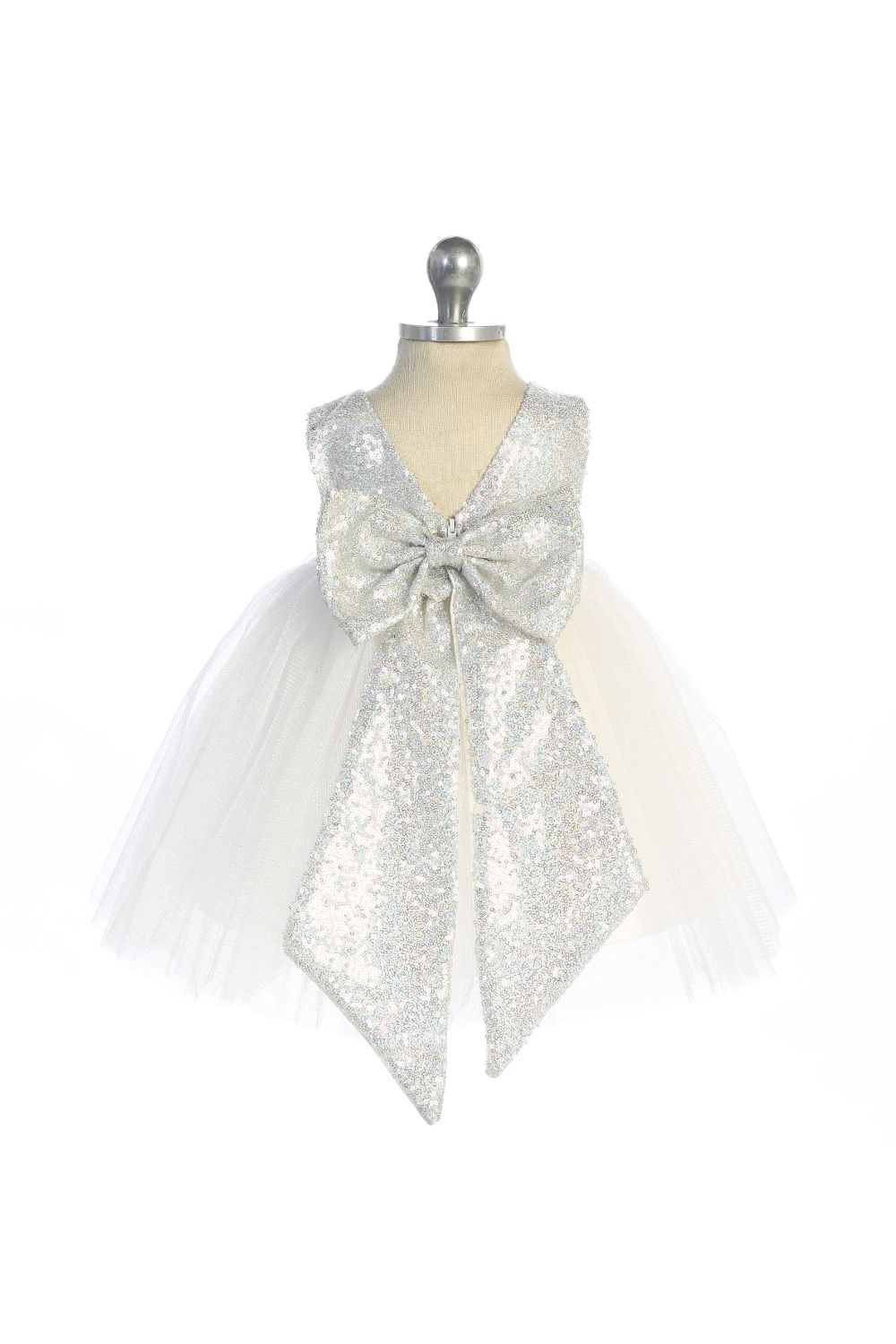 Ivory/Silver Sequins V Back & Bow Baby Dress L-18M / Ivory/Silver Ivory/Silver Sequins V Back & Bow Baby Dress L-18M / Ivory/Silver
