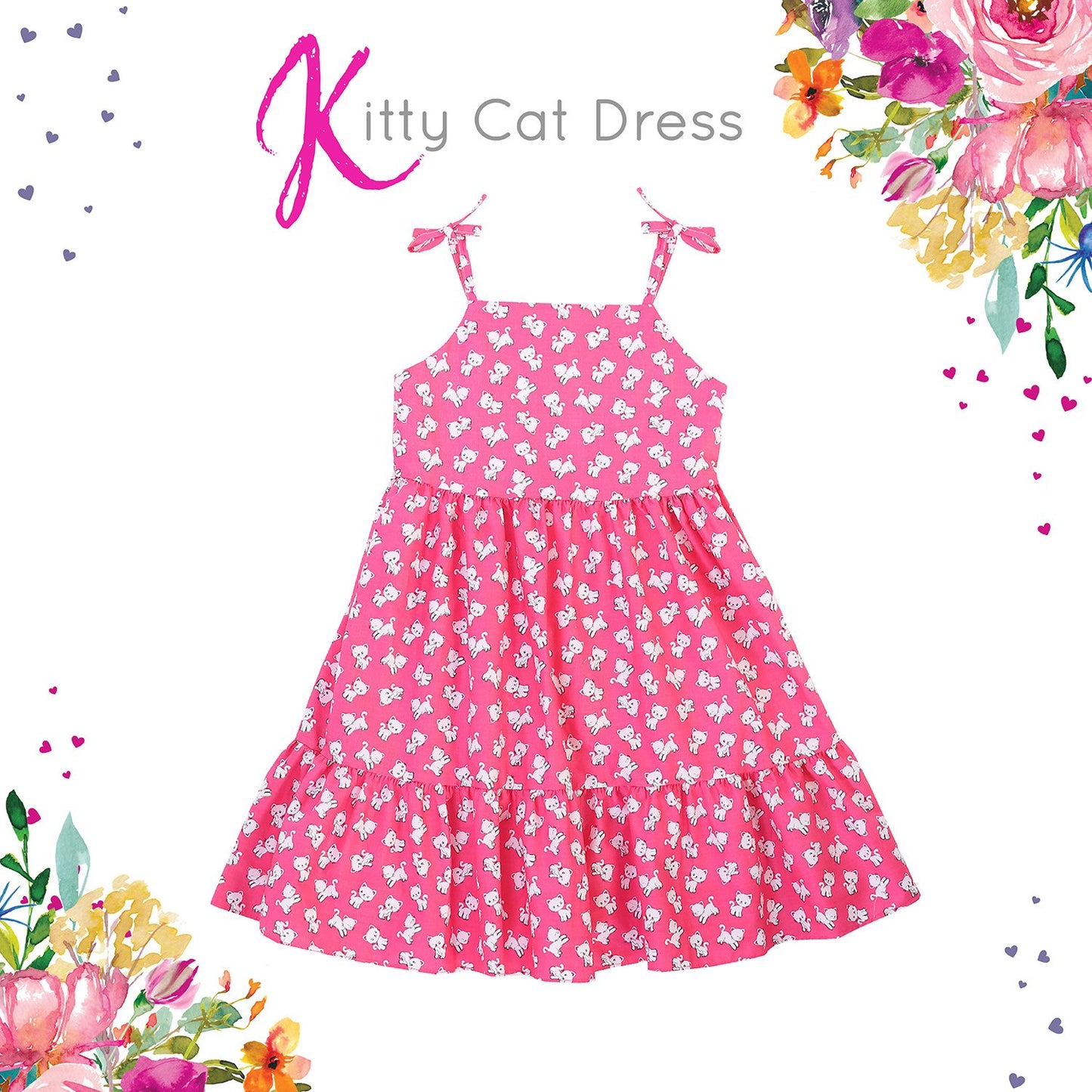 Dress - Kitty Cat Cotton Shoulder Tie Dress