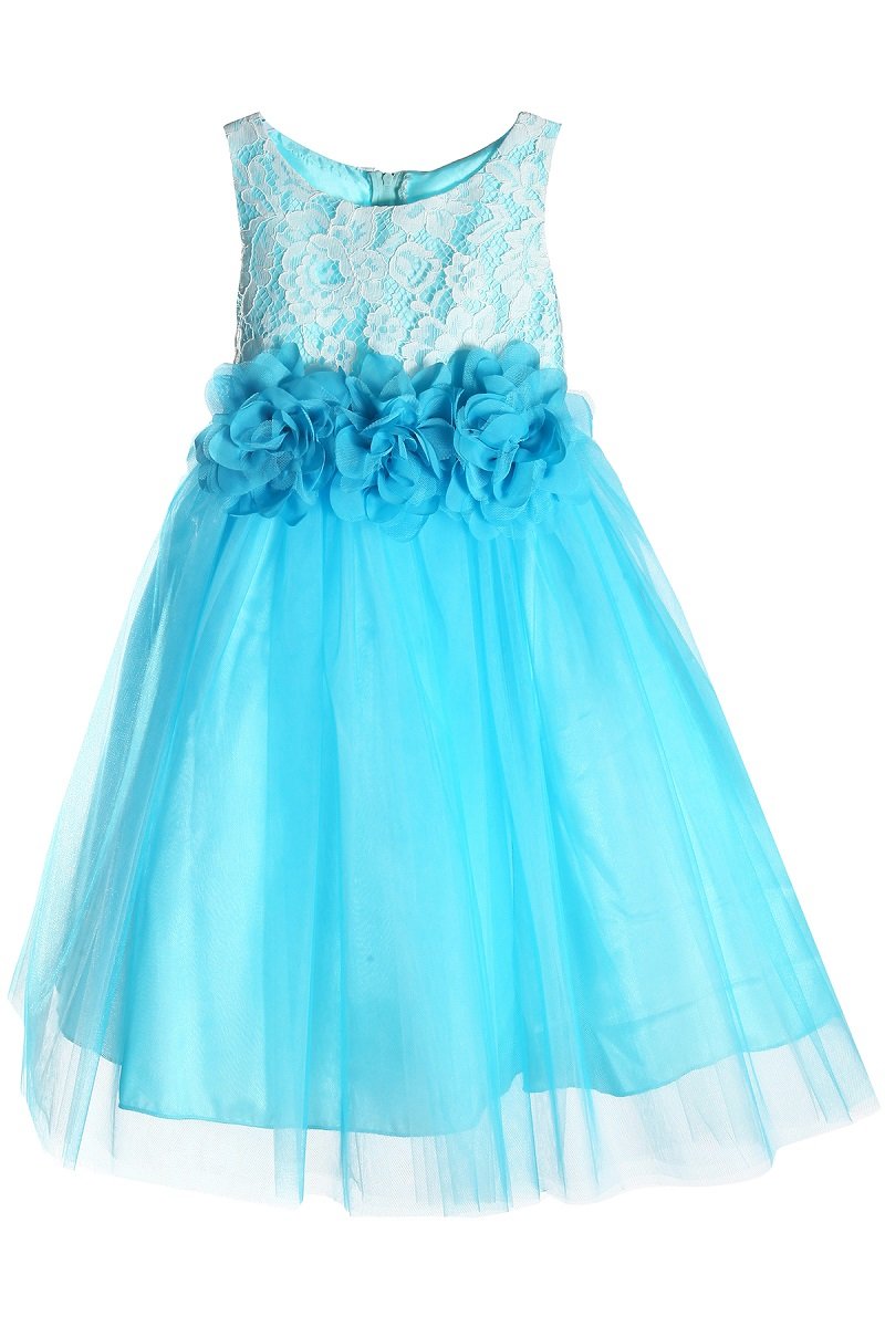 Lace Illusion Girls Dress with 3 Mesh Flowers 4 / Aqua Lace Illusion Girls Dress with 3 Mesh Flowers 4 / Aqua