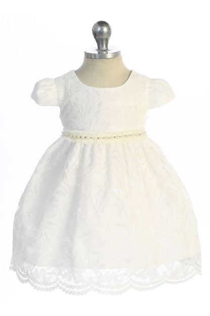 Dress - Lace V Back Bow Baby Dress W/ Mesh Pearl Trim