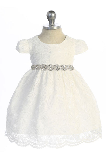 Dress - Lace V Back Bow Baby Dress W/ Rhinestone Trim