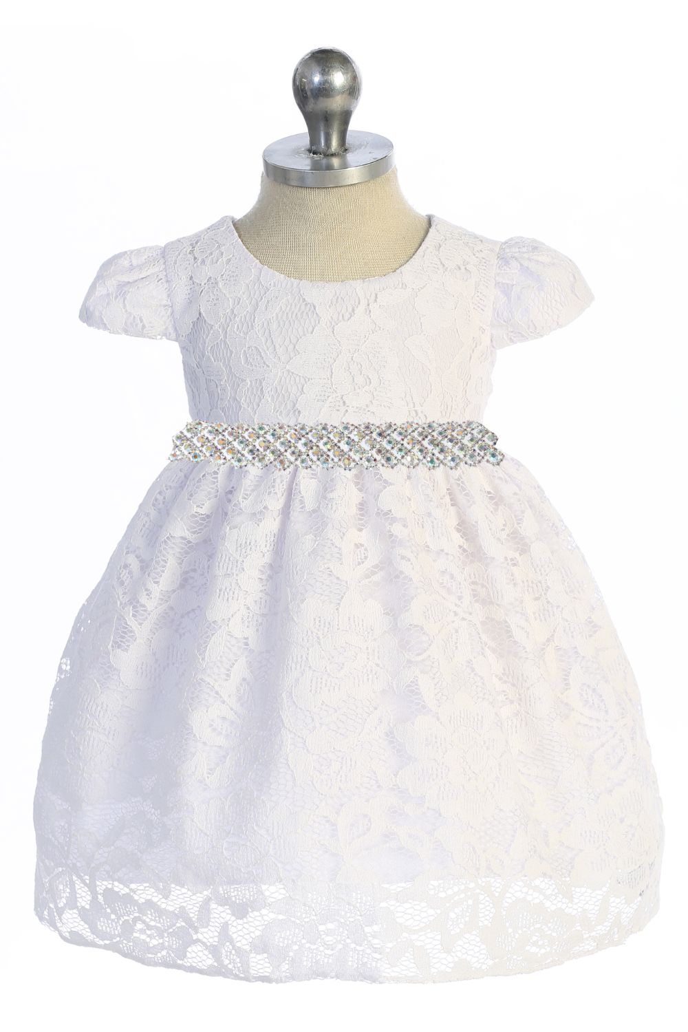 Dress - Lace V Back Bow Baby Dress W/ Thick Rhinestone Trim