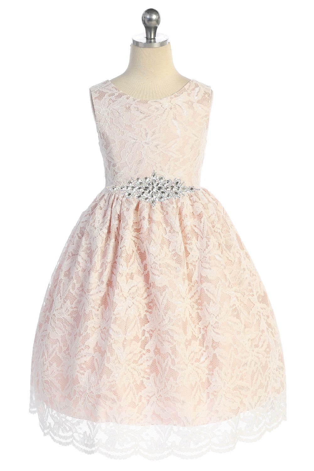 Dress - Lace V Back Bow Dress W/ Diamond Shape Rhinestone Trim