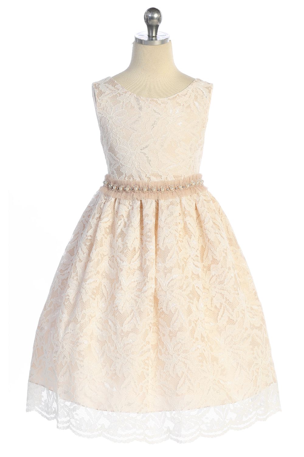 All Lace Girls Dress with V Back & Bow and Mesh Pearl Trim 10 / Champagne All Lace Girls Dress with V Back & Bow and Mesh Pearl Trim 10 / Champagne
