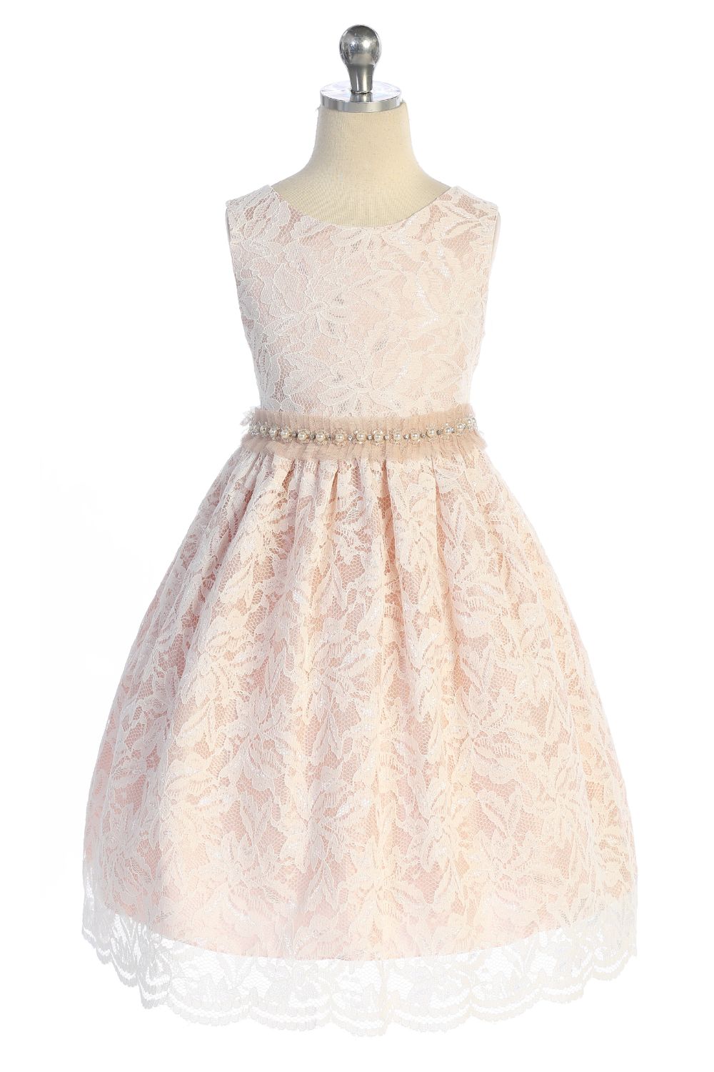 All Lace Girls Dress with V Back & Bow and Mesh Pearl Trim 10 / Blush All Lace Girls Dress with V Back & Bow and Mesh Pearl Trim 10 / Blush