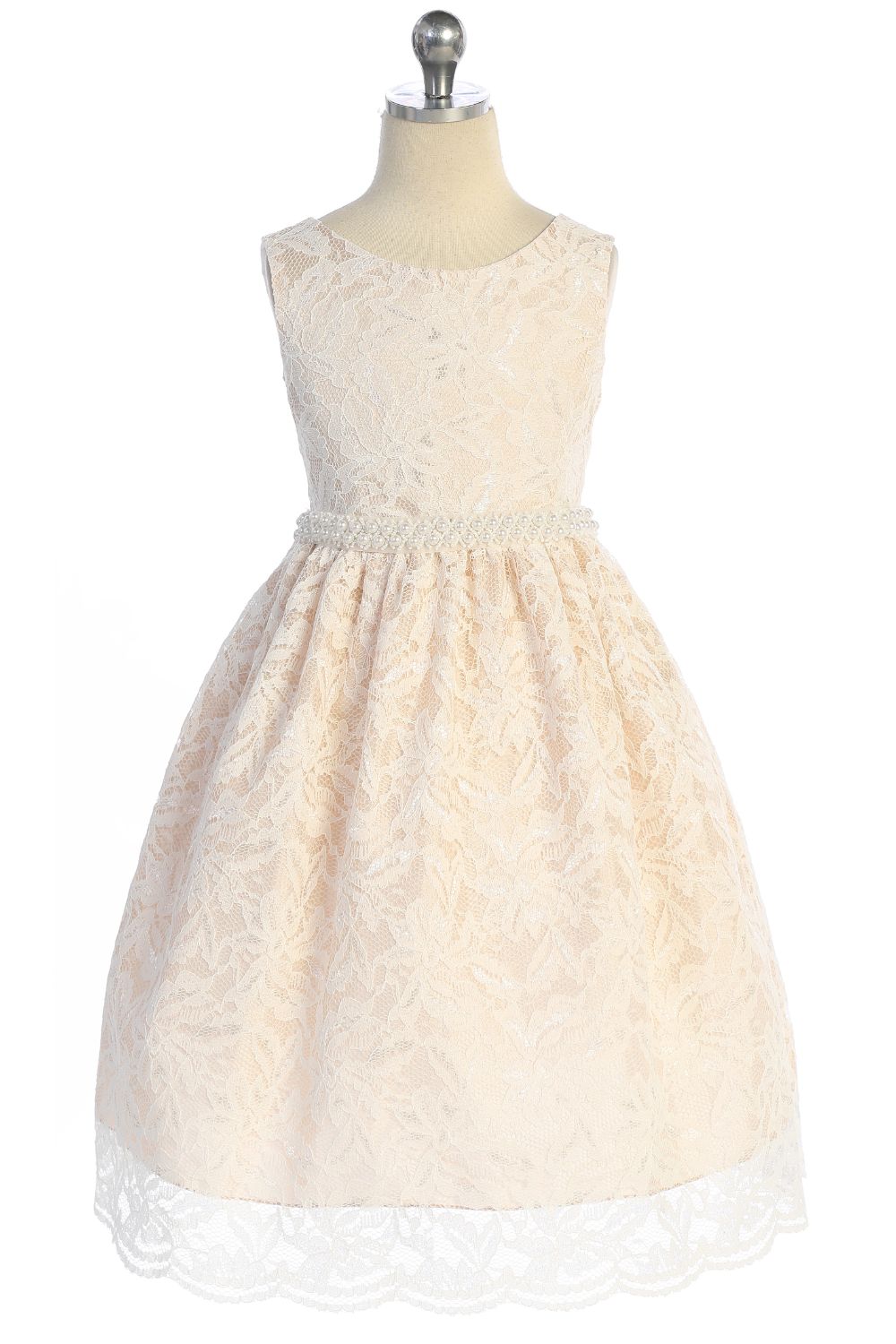 All Lace Girls Dress with V Back & Bow and Thick Pearl Trim 10 / Champagne
