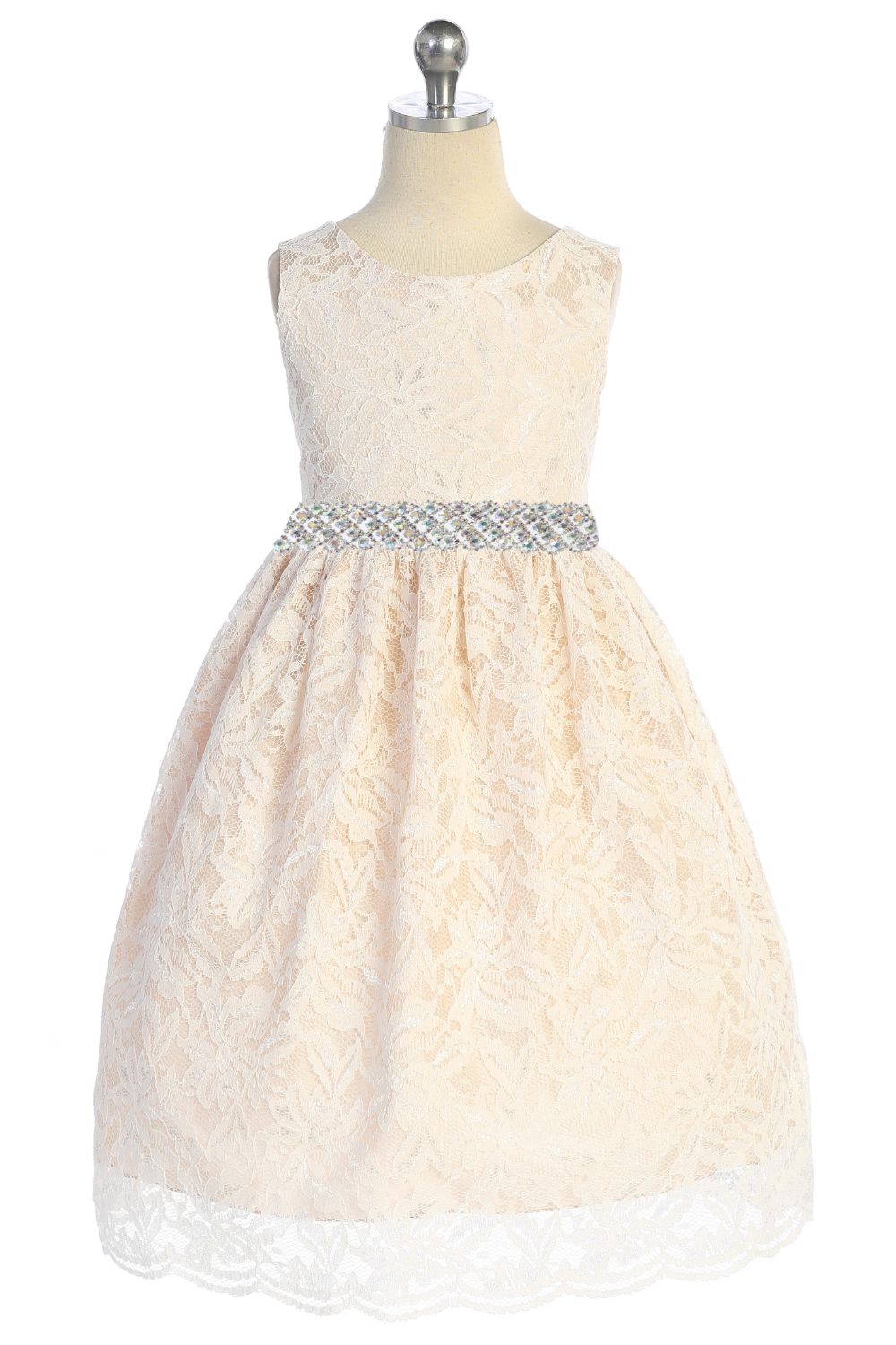 All Lace Girls Dress with V Back & Bow and Thick Rhinestone Trim 10 / Champagne All Lace Girls Dress with V Back & Bow and Thick Rhinestone Trim 10 / Champagne