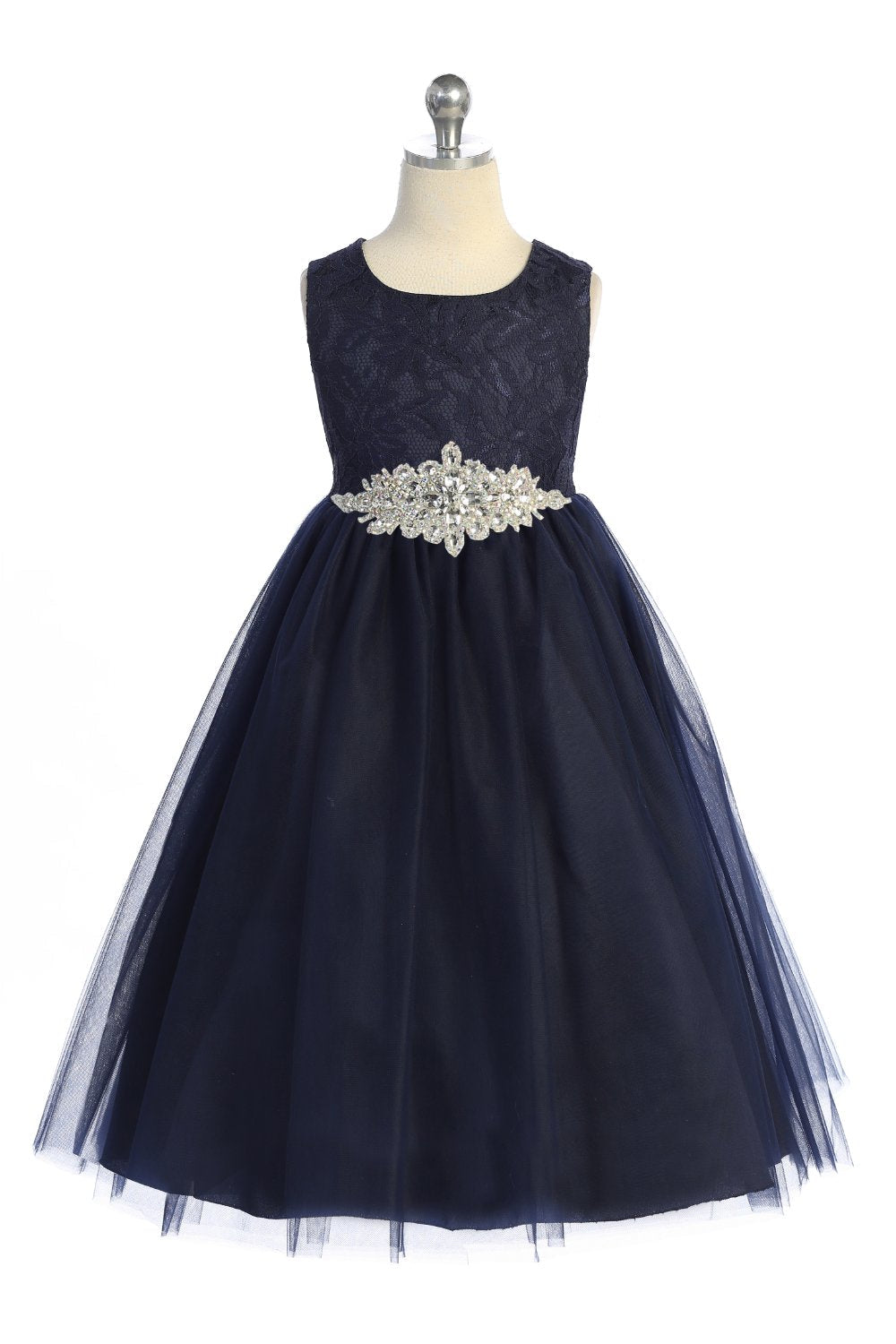 Dress - Long Lace Illusion Dress W/ Diamond Shape Rhinestone Trim