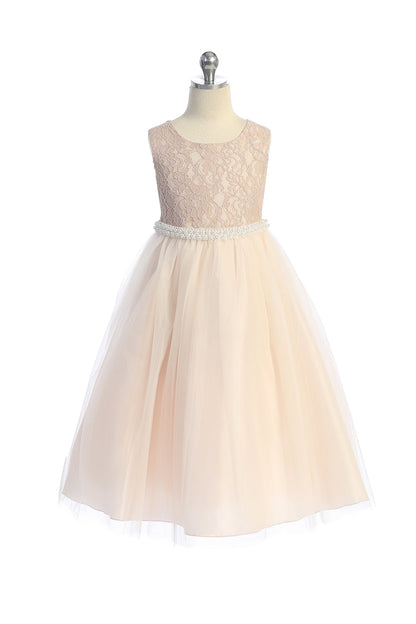 Dress - Long Lace Illusion Dress W/ Thick Pearl Trim