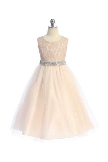 Dress - Long Lace Illusion Dress W/ Thick Rhinestone Trim