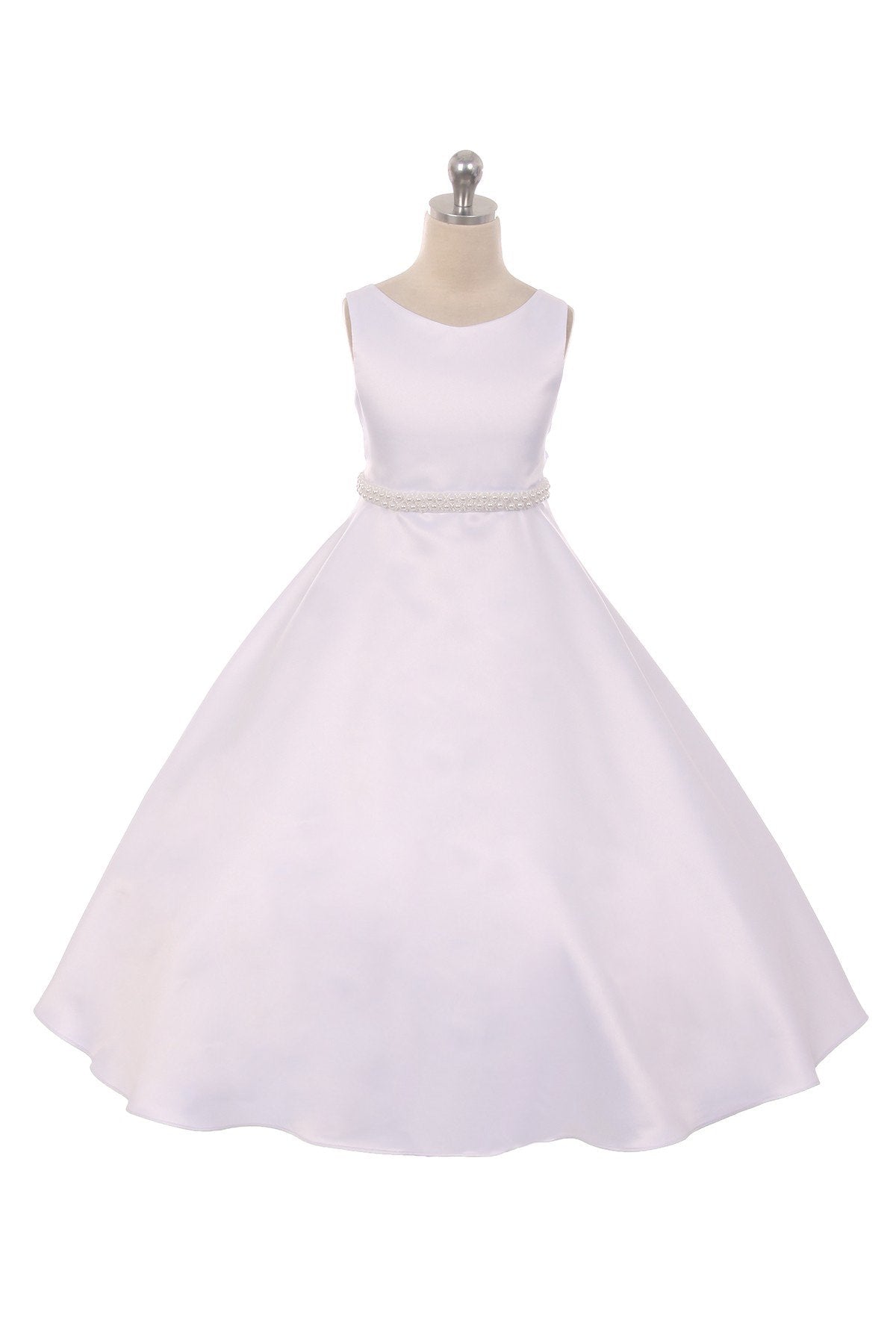 Long Satin Pearl Trim Communion Dress 4 / Ivory Long Satin Pearl Trim Communion Dress 4 / Ivory