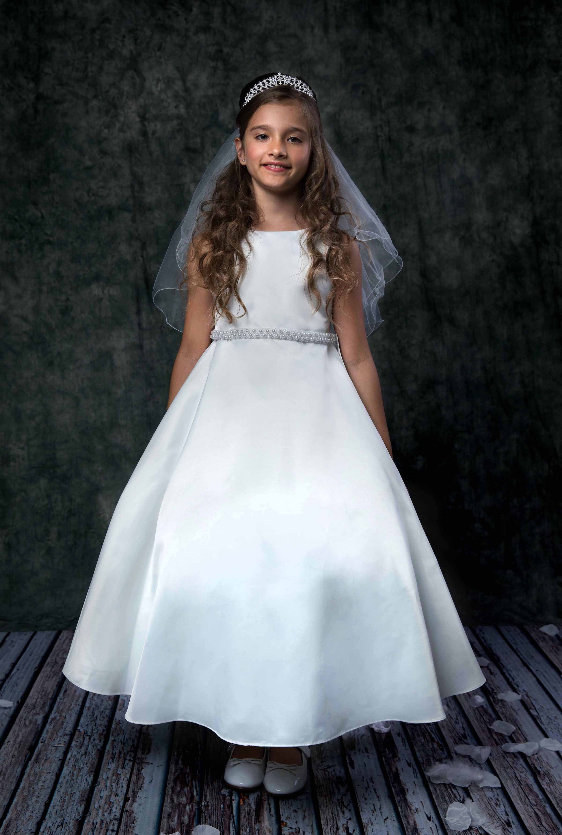 Long Satin Pearl Trim Communion Dress - 8 / White Long Satin Pearl Trim Communion Dress - 8 / White