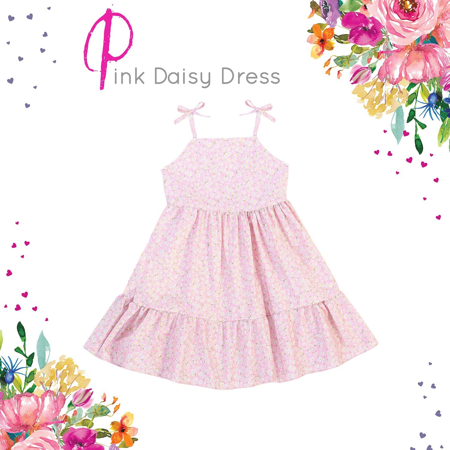 Dress - Pink Daisy Cotton Shoulder Tie Dress