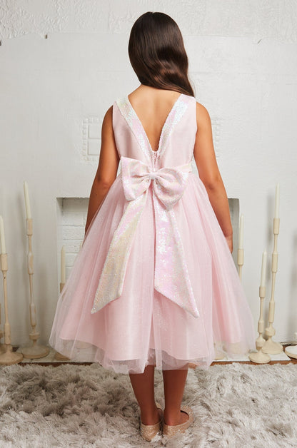 Dress - Pink Iridescent Sequin Back V Bow Dress