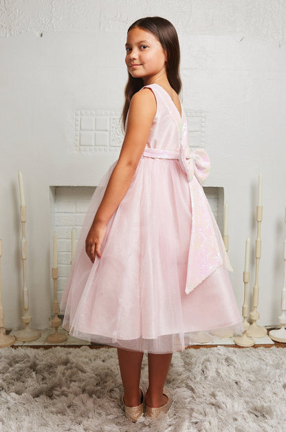 Dress - Pink Iridescent Sequin Back V Bow Dress