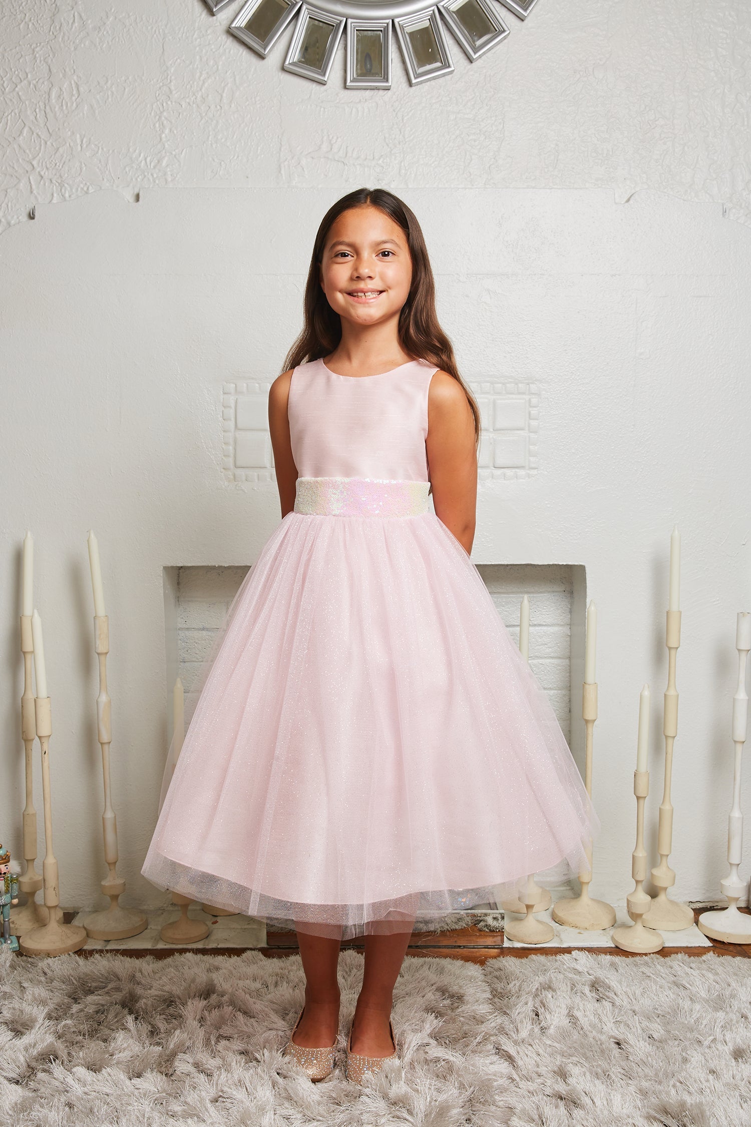 pink sparkly plus size dress Pink/Iridescent Sequins V Back & Bow Plus Size Girls Dress