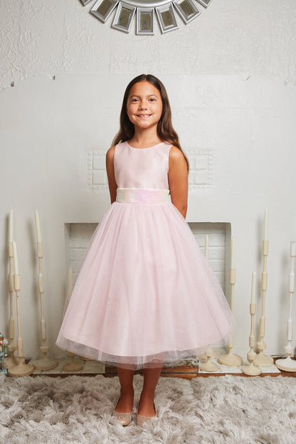 Dress - Pink Iridescent Sequin V Back Bow Plus Size Girl Dress