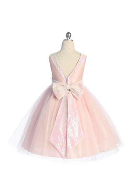 Dress - Pink Iridescent Sequin V Back Bow Plus Size Girl Dress