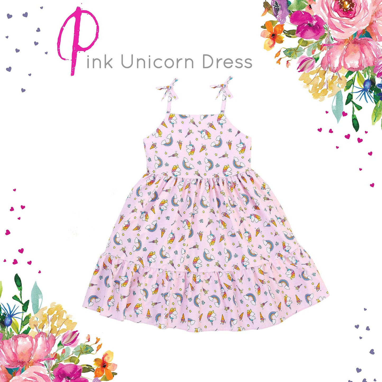 Dress - Pink Unicorn Cotton Shoulder Tie Dress