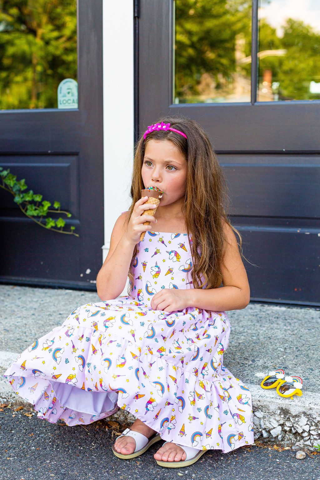 Dress - Pink Unicorn Cotton Shoulder Tie Dress