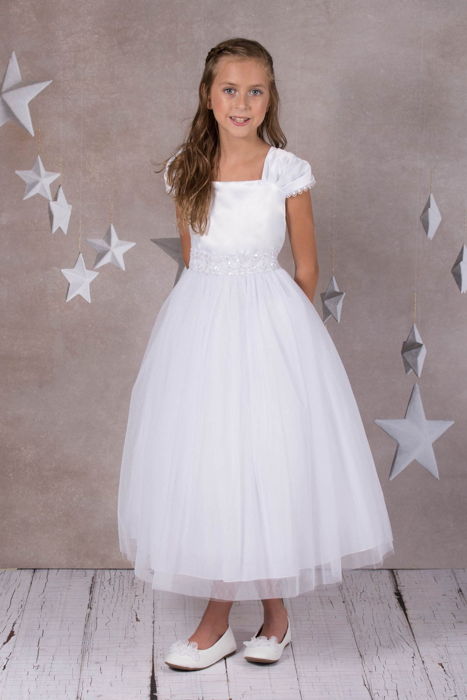 Pleated Capped Sleeve Long Girls Dress 8 / Ivory Pleated Capped Sleeve Long Girls Dress 8 / Ivory