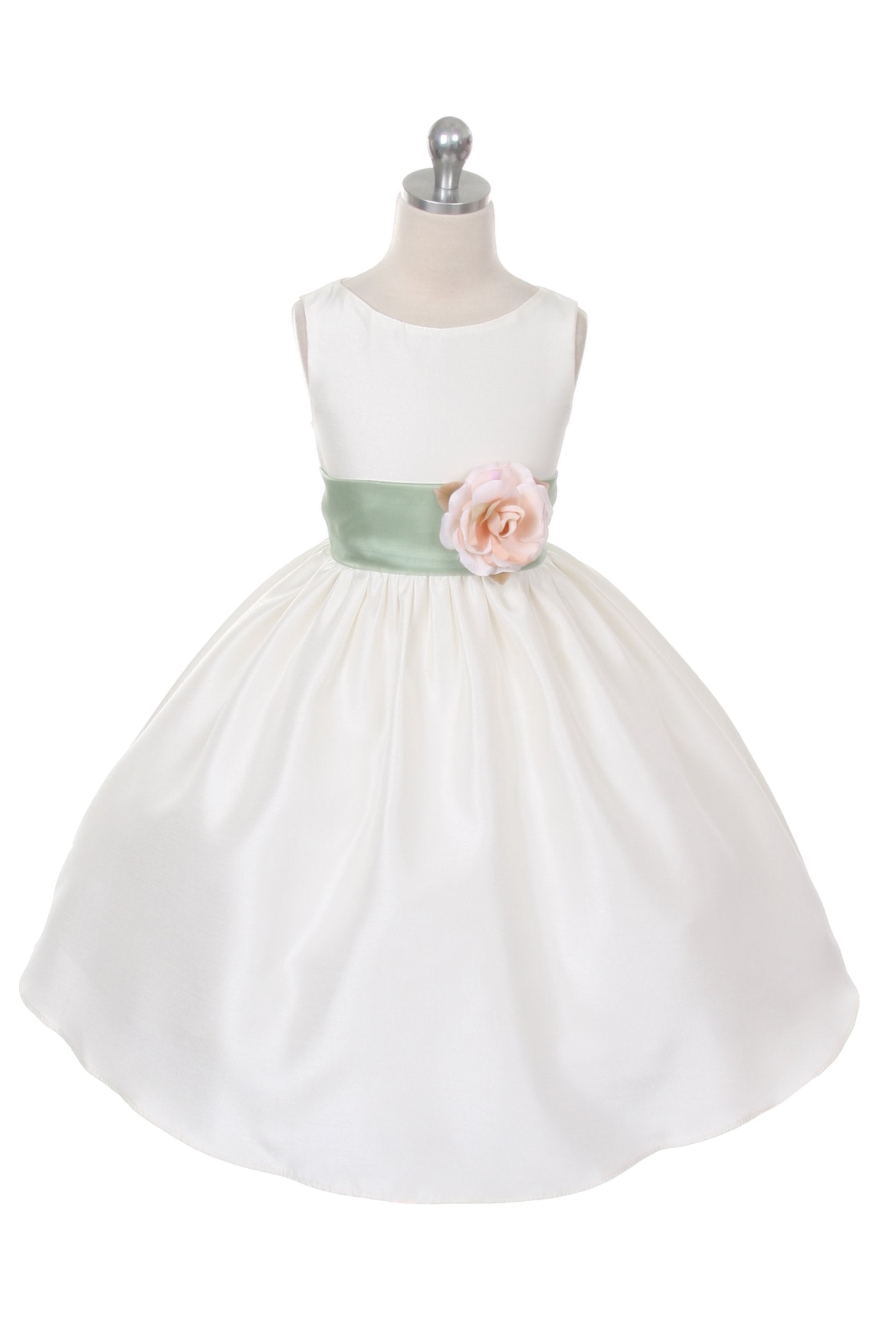 Ivory Classic Poly Silk Girls Dress with Organza Sash 14 / Ivory / Sage