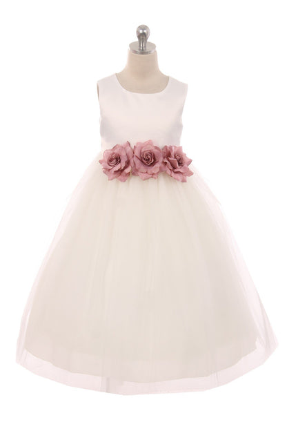 Dress - Satin 3 Flower Ivory Dress