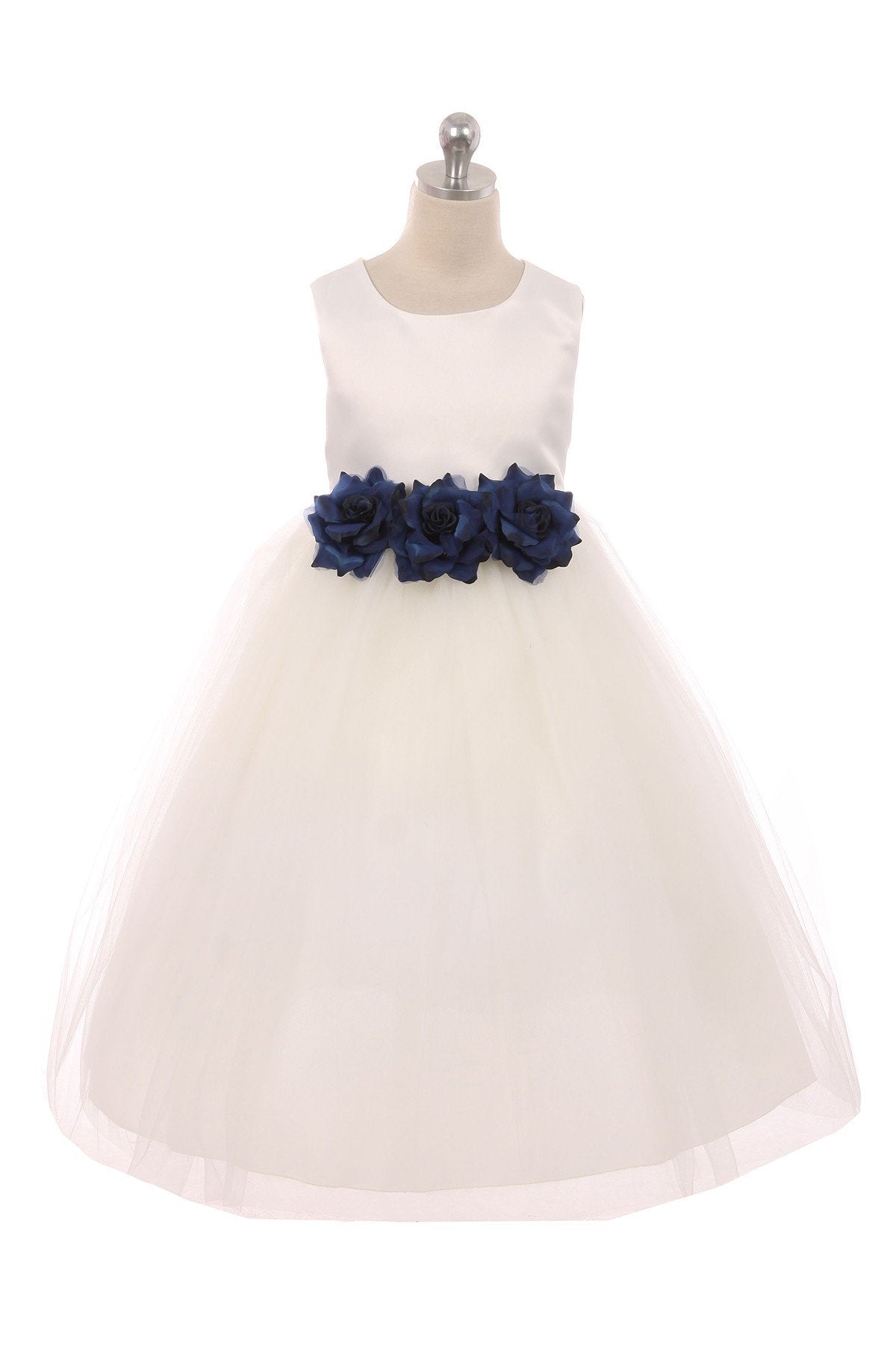 White Satin & Tulle 3 Flower Girls Dress 2 / White / Navy White Satin & Tulle 3 Flower Girls Dress 2 / White / Navy