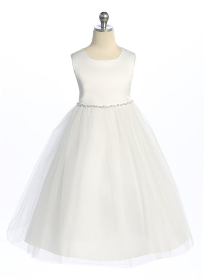 Dress - Satin Top Dress W/ Wavy Rhinestone & Pearl Trim