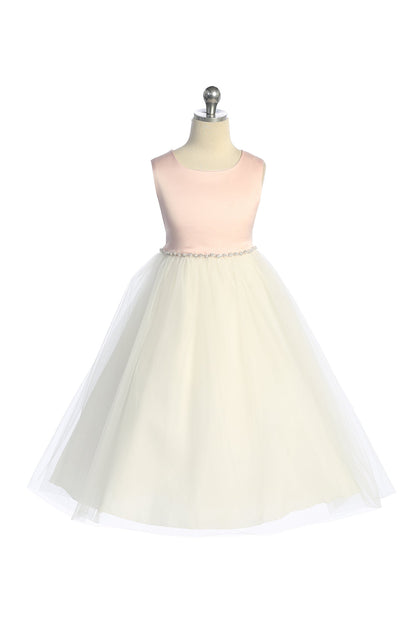 Dress - Satin Top Dress W/ Wavy Rhinestone & Pearl Trim