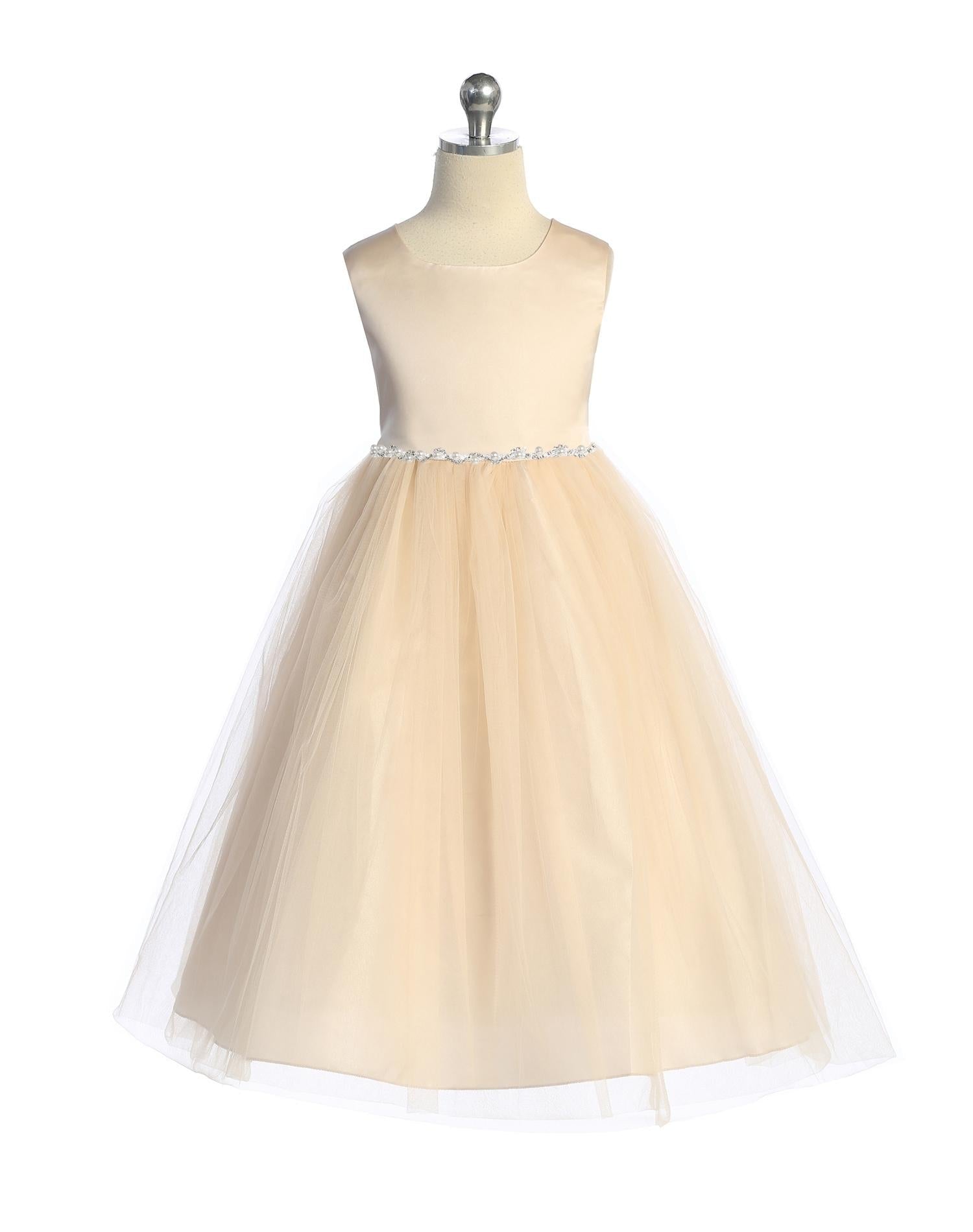 Girls' Special occasion buying white/ivory dress with pearl trim on the waistline. Size