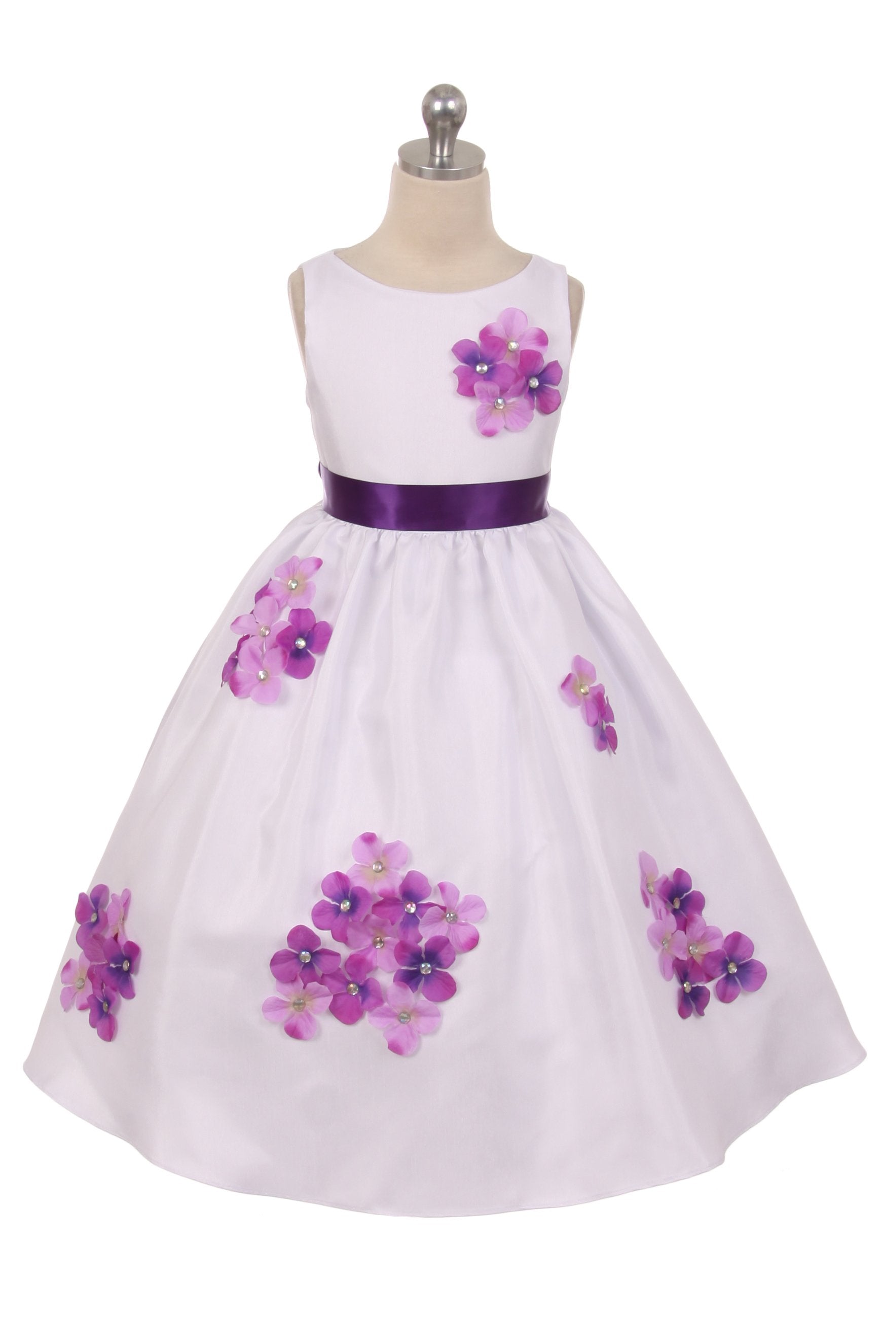 Shantung Girls Dress Decorated with Flower Petals 12 / Ivory / Purple