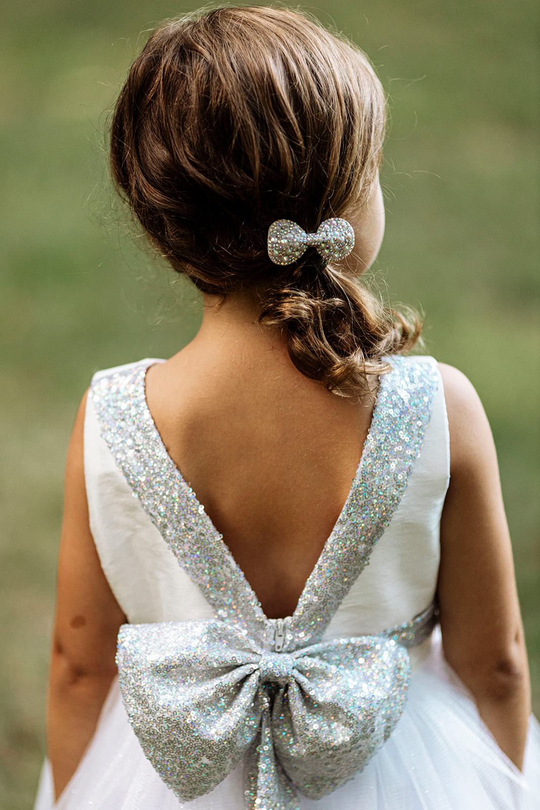 Ivory/Silver Sequins V Back & Bow Girls Dress 12 / Ivory/Silver Ivory/Silver Sequins V Back & Bow Girls Dress 12 / Ivory/Silver
