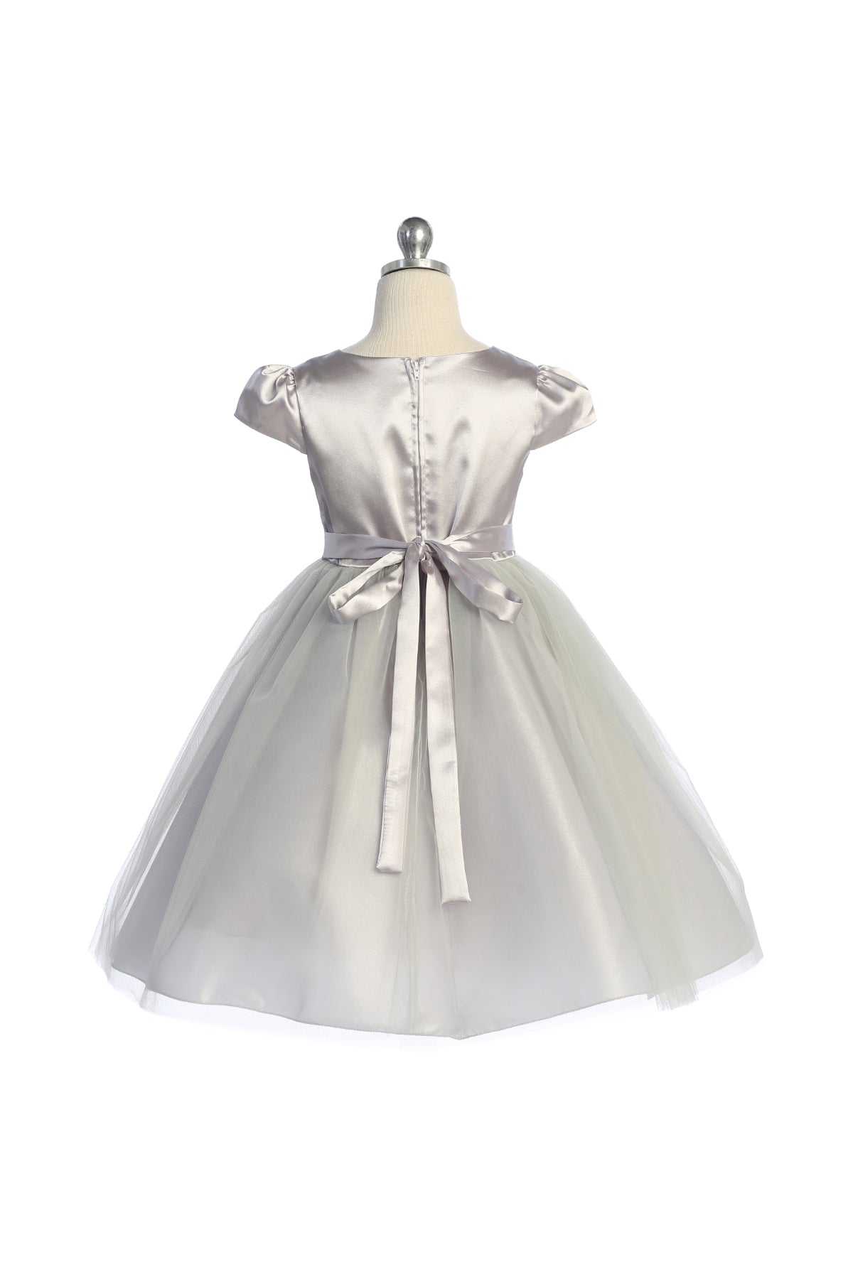 Capped Sleeve Satin & Tulle Girls Dress with Braided