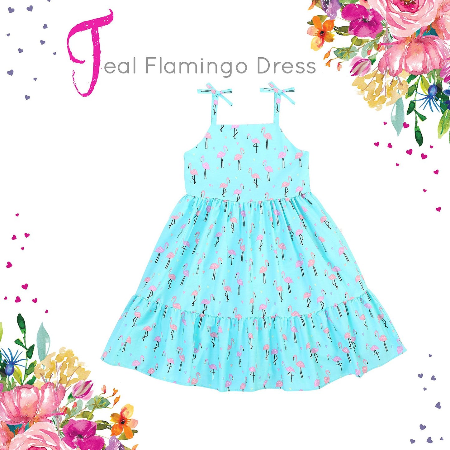 Dress - Teal Flamingo Cotton Shoulder Tie Dress